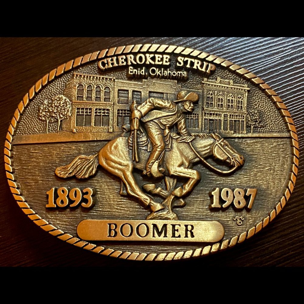 Vintage 1987 Solid Brass Cherokee Strip Belt Buckle "Boomer" Numbered: 162
